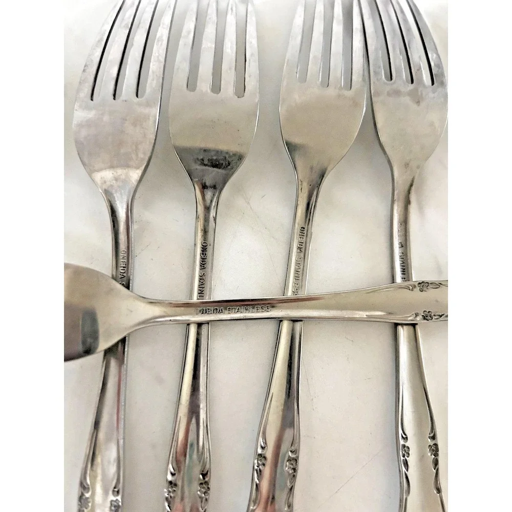 Vintage Oneida Stainless Steel Chateau Flatware Dinner Forks Floral Set of 8 BxA